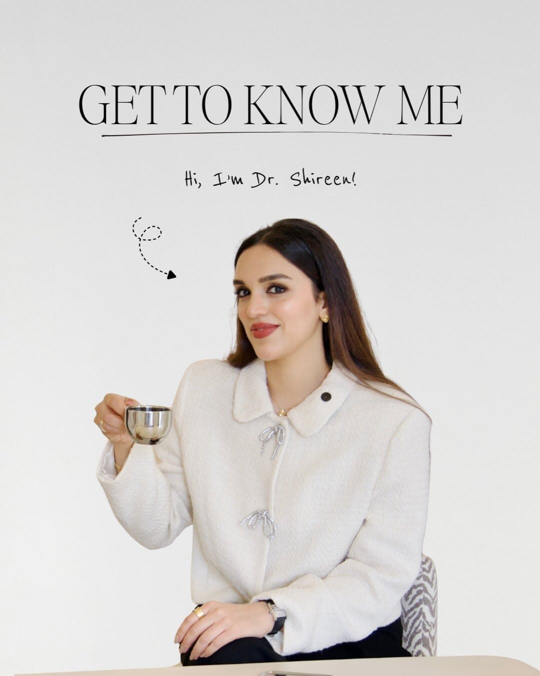 “Get to know me” post: Dr. Shireen Hussain in a white jacket holding a coffee cup