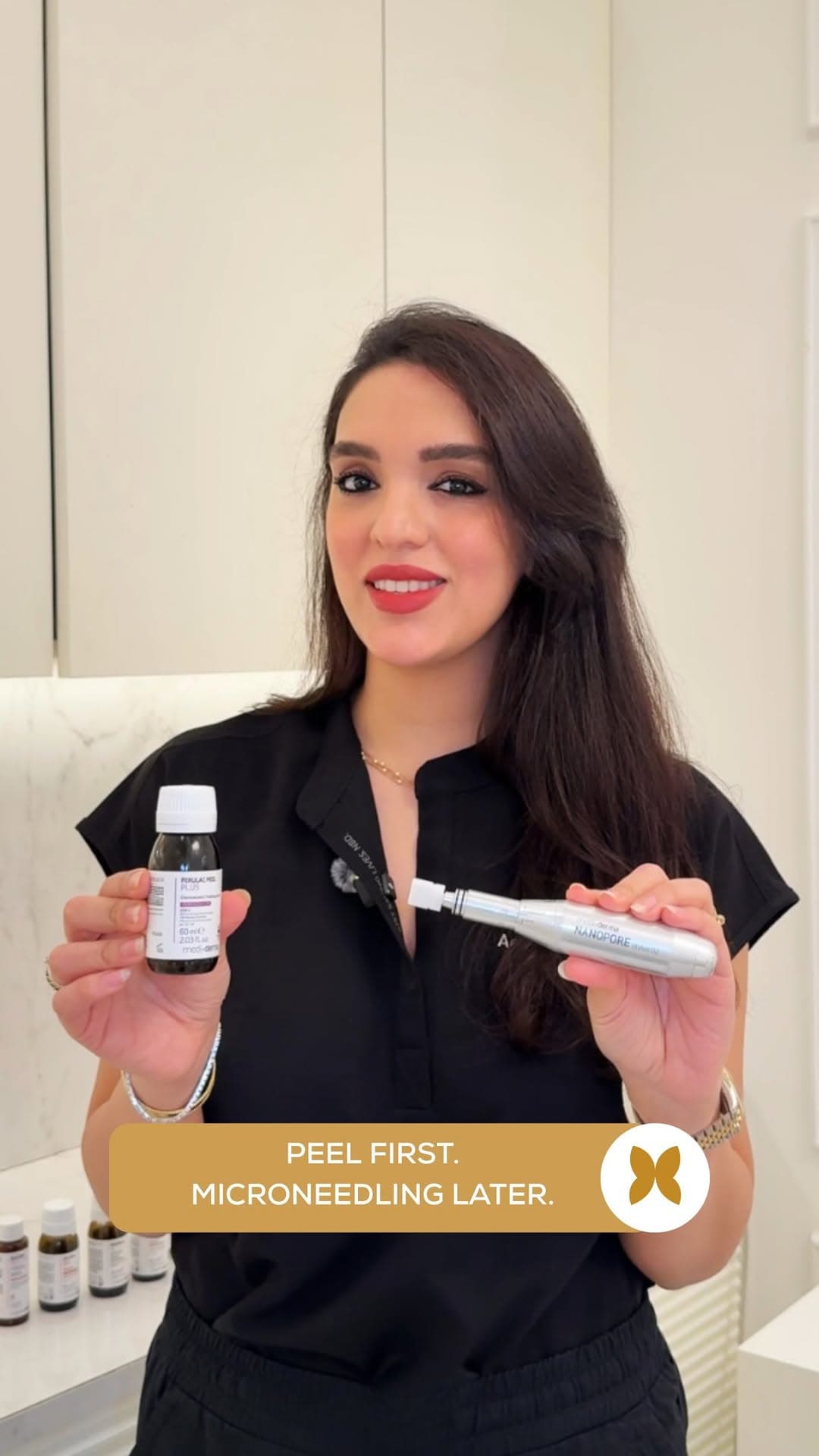 Dr. Shireen Hussain holding a chemical peel and a microneedling pen: “Peel first, microneedling later”
